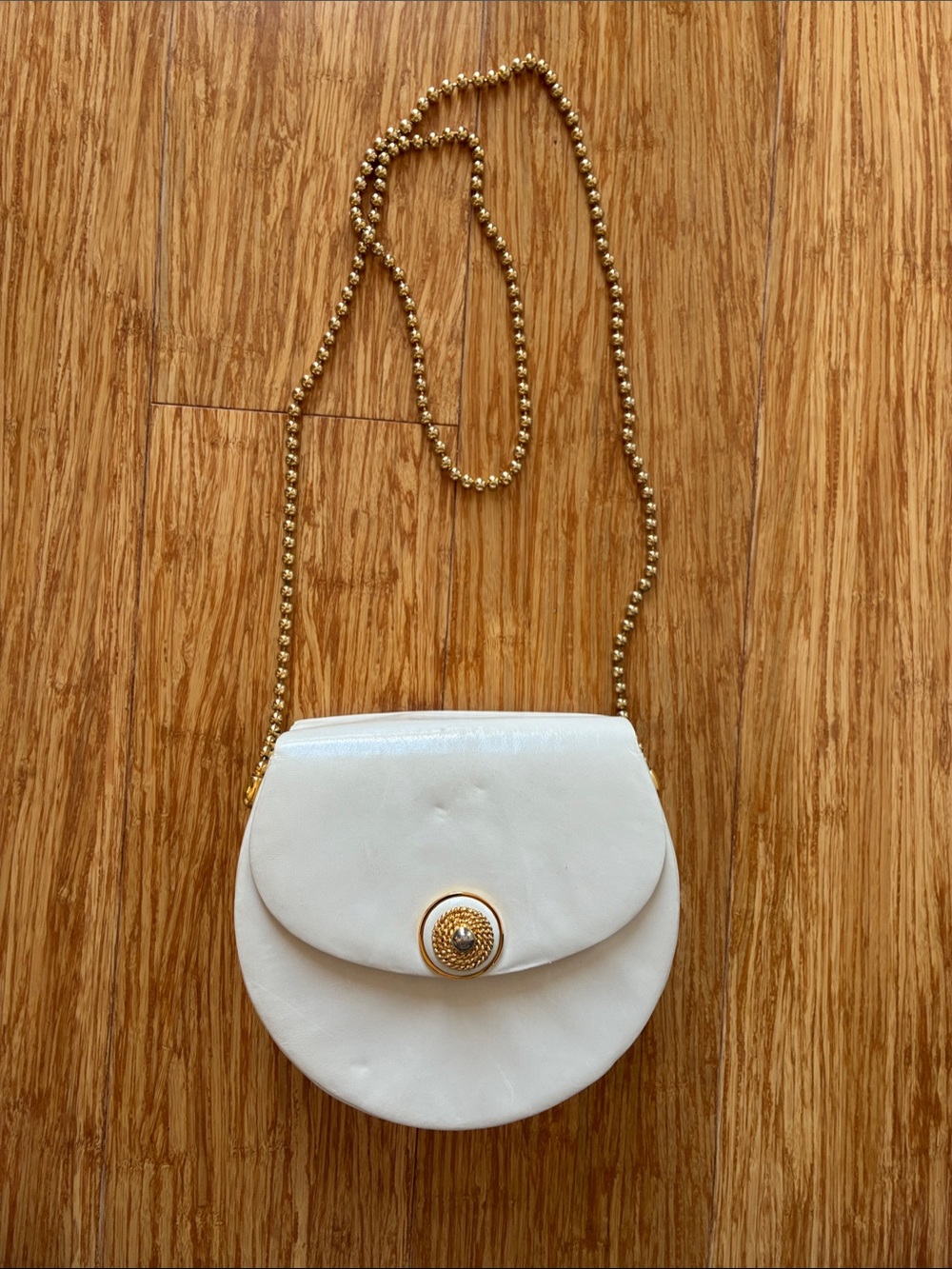 Rodo Ivory Italian Leather Bag with Gold Bead Chain and Embellished Button